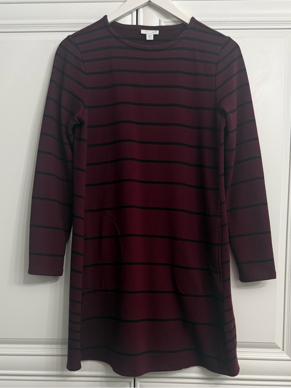 J.Jill Size Medium Petite Burgundy + Black Striped Long Sleeve Knit Shift Dress